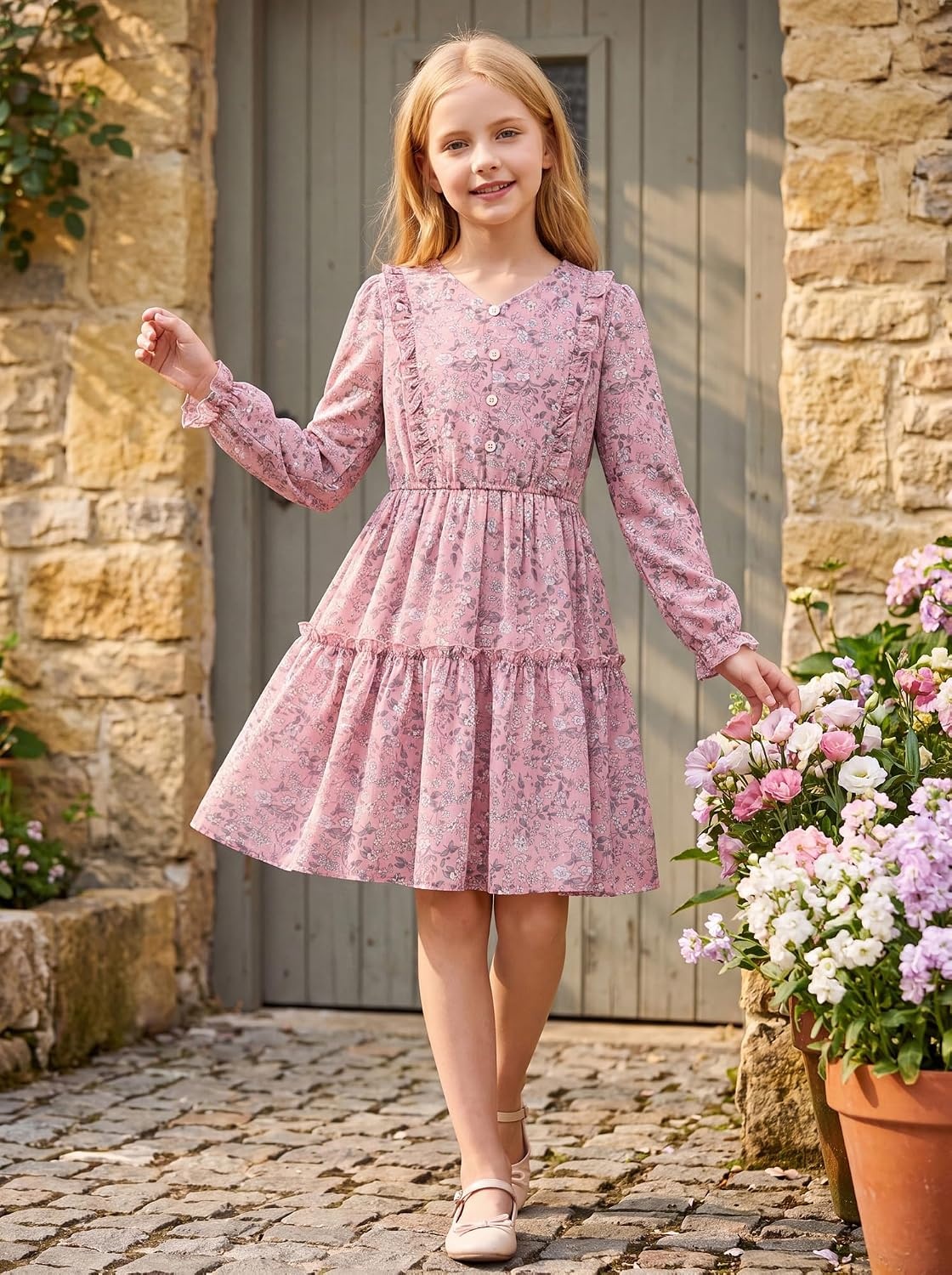 image:imageGRACE KARIN Girls VNeck Floral Dresses 614Y Kids Long Sleeve Casual Fall Winter Christmas Holiday Hawaiian Flower DressLight Pink Floral