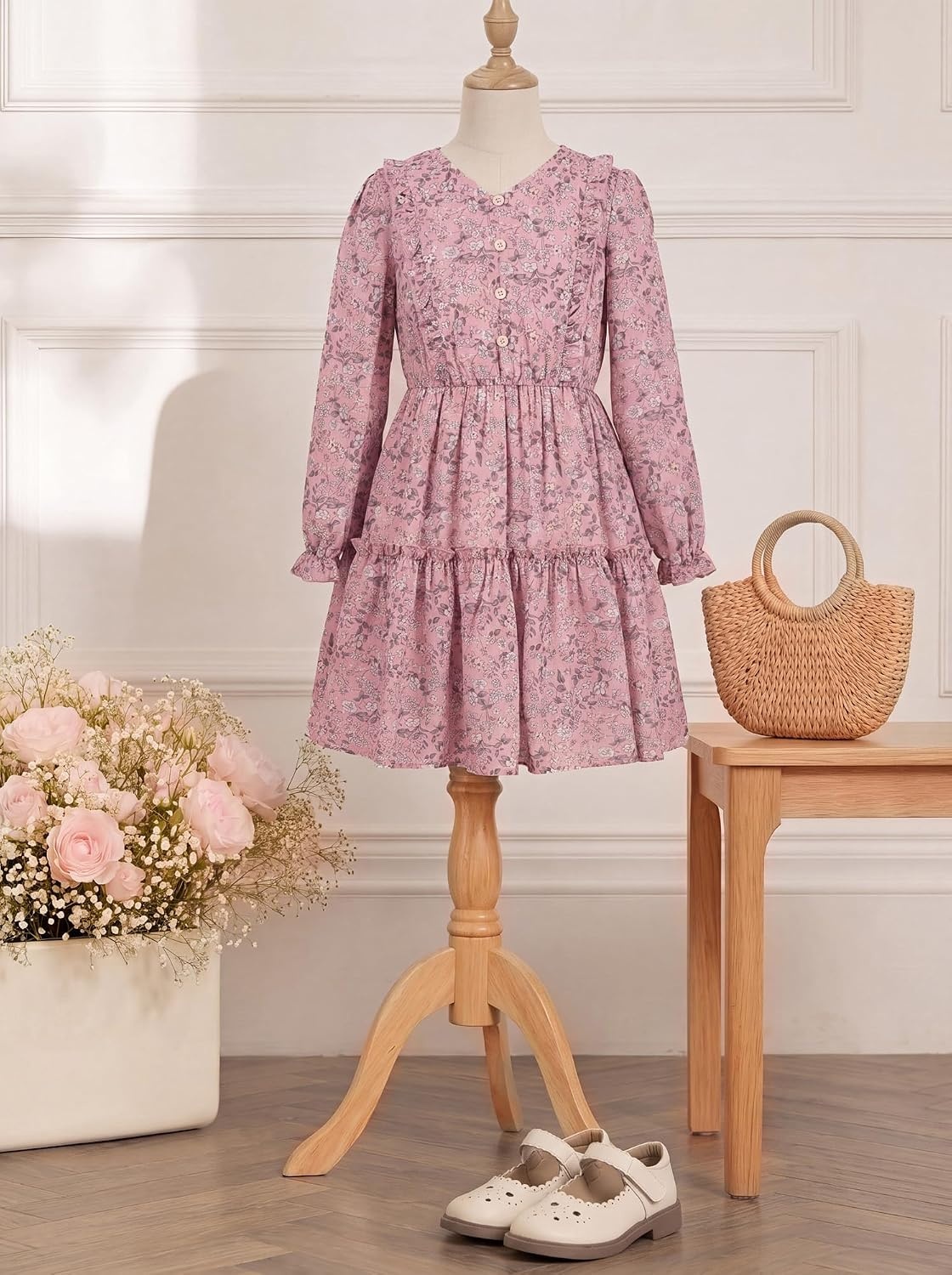 image:imageGRACE KARIN Girls VNeck Floral Dresses 614Y Kids Long Sleeve Casual Fall Winter Christmas Holiday Hawaiian Flower DressLight Pink Floral