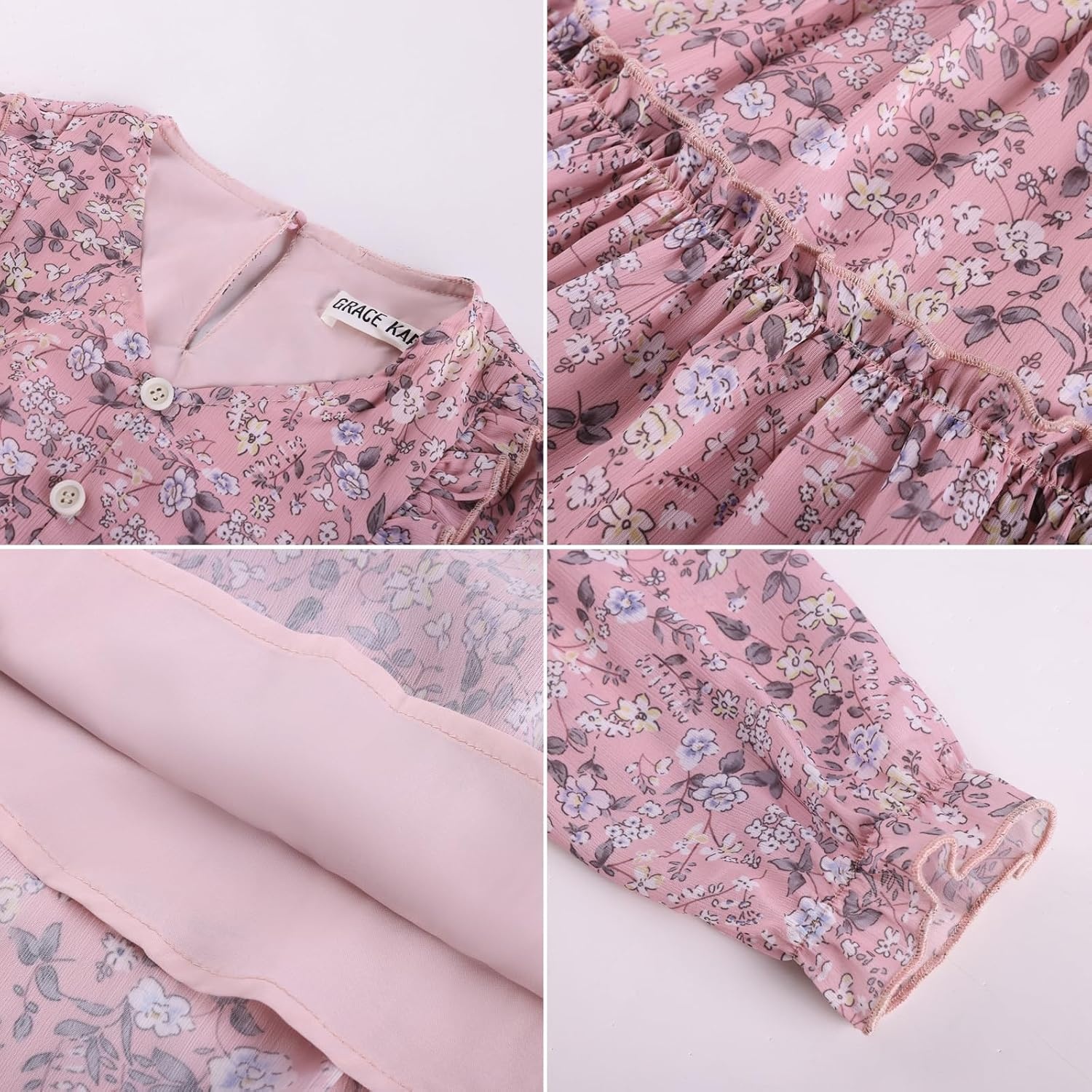 image:imageGRACE KARIN Girls VNeck Floral Dresses 614Y Kids Long Sleeve Casual Fall Winter Christmas Holiday Hawaiian Flower DressLight Pink Floral