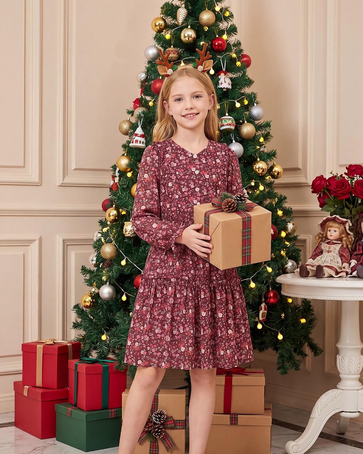 image:imageGRACE KARIN Girls VNeck Floral Dresses 614Y Kids Long Sleeve Casual Fall Winter Christmas Holiday Hawaiian Flower DressRed Floral