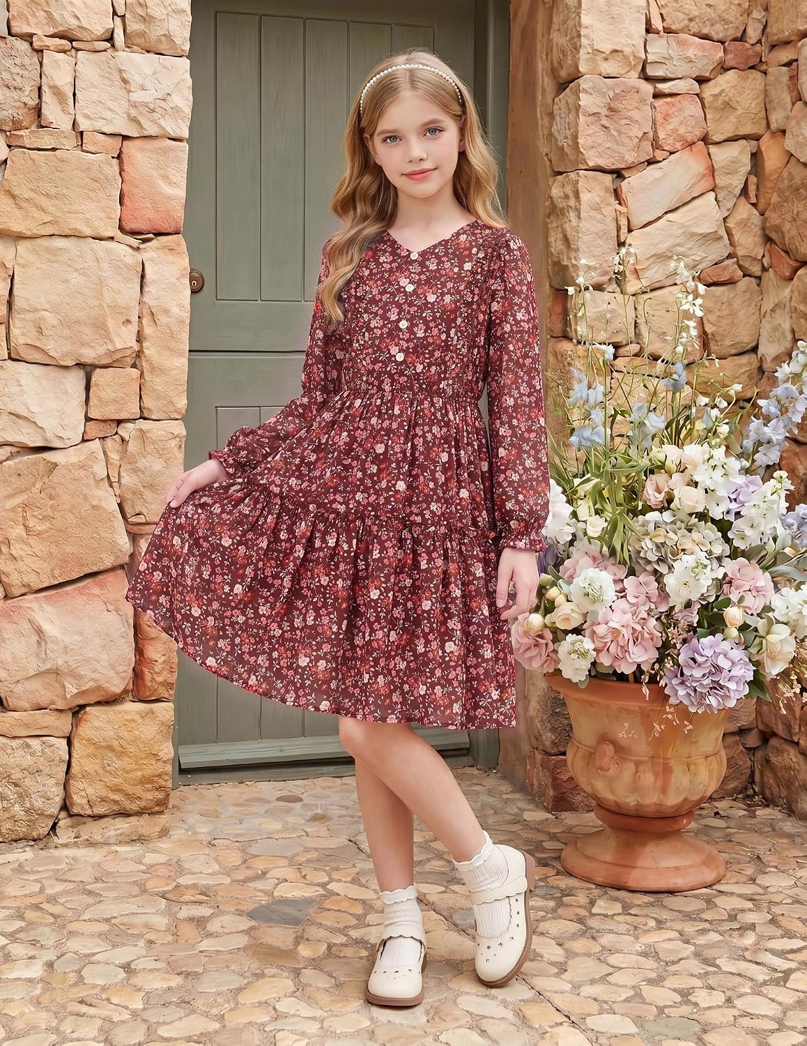 image:imageGRACE KARIN Girls VNeck Floral Dresses 614Y Kids Long Sleeve Casual Fall Winter Christmas Holiday Hawaiian Flower DressRed Floral