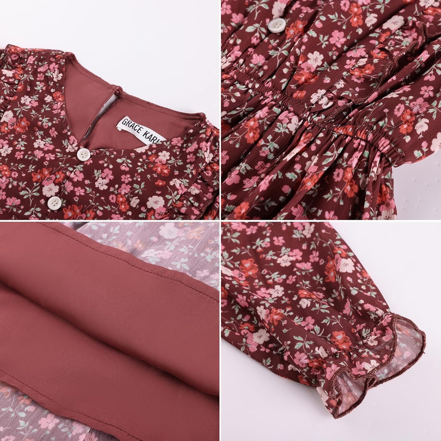 image:imageGRACE KARIN Girls VNeck Floral Dresses 614Y Kids Long Sleeve Casual Fall Winter Christmas Holiday Hawaiian Flower DressRed Floral