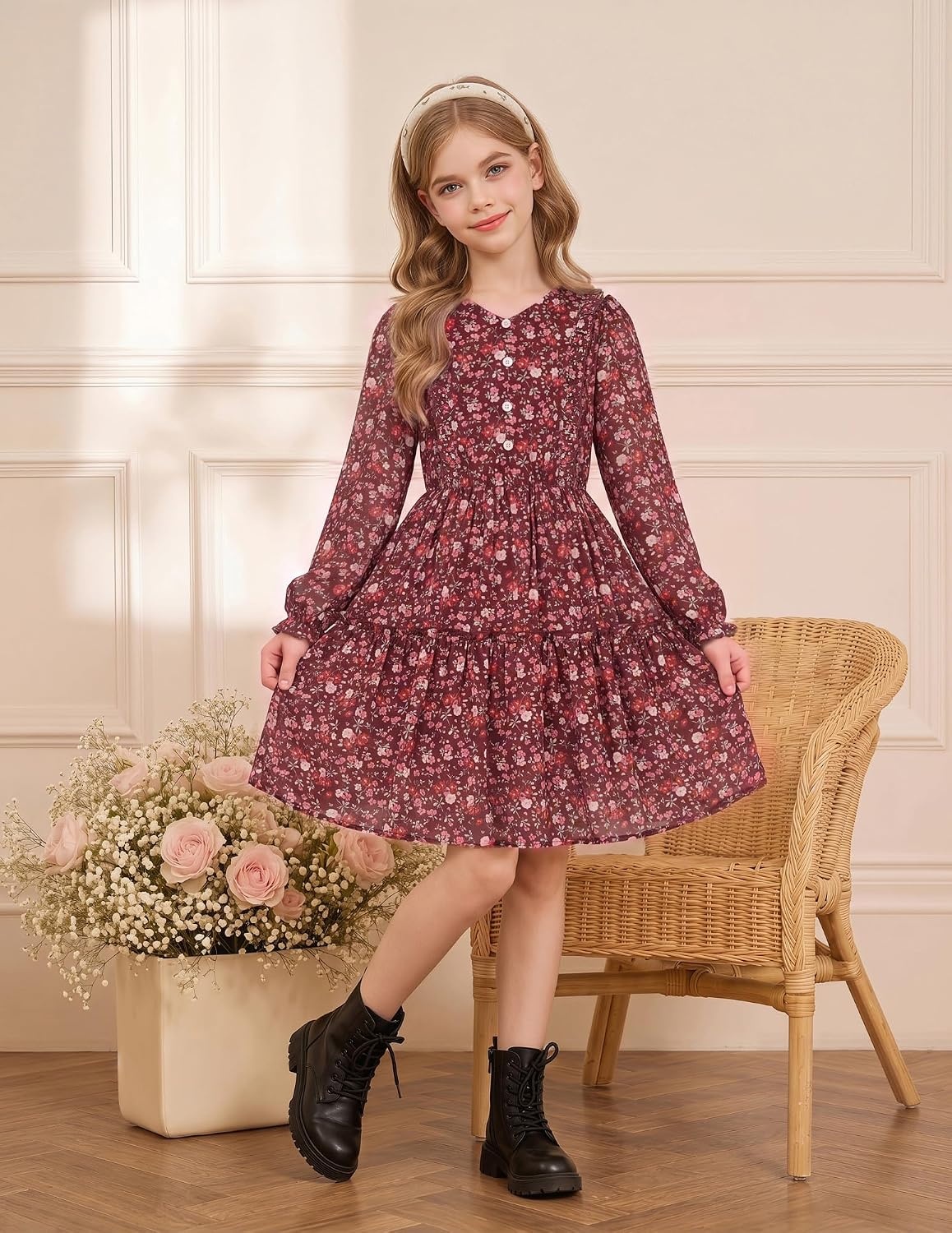 image:imageGRACE KARIN Girls VNeck Floral Dresses 614Y Kids Long Sleeve Casual Fall Winter Christmas Holiday Hawaiian Flower DressRed Floral