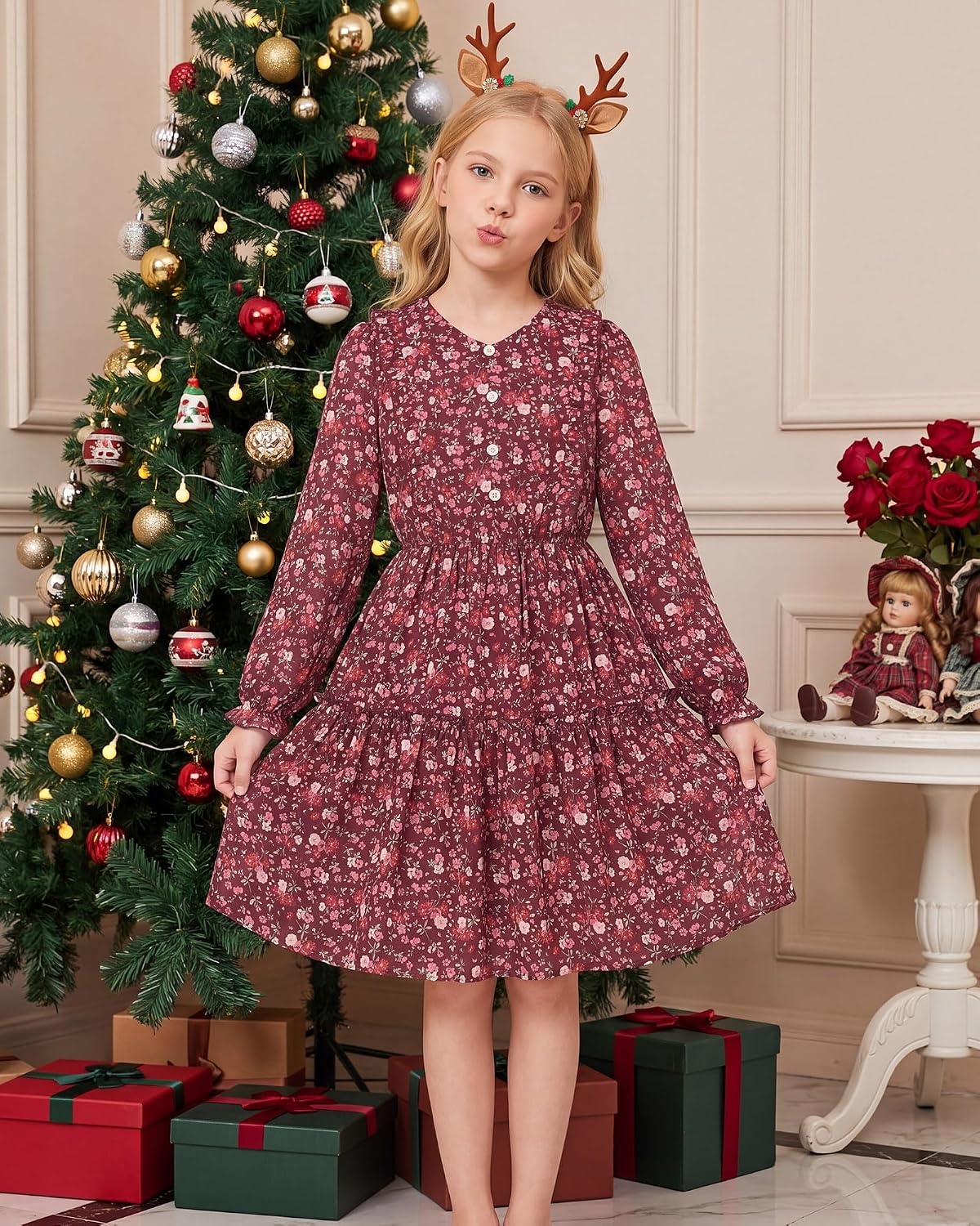 image:imageGRACE KARIN Girls VNeck Floral Dresses 614Y Kids Long Sleeve Casual Fall Winter Christmas Holiday Hawaiian Flower DressRed Floral