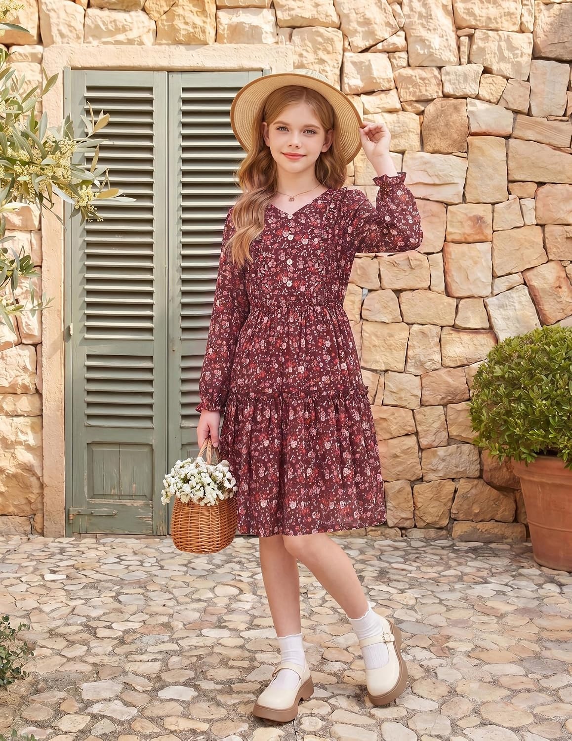 image:imageGRACE KARIN Girls VNeck Floral Dresses 614Y Kids Long Sleeve Casual Fall Winter Christmas Holiday Hawaiian Flower DressRed Floral