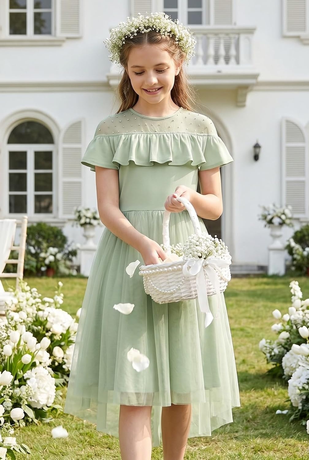 image:imageGRACE KARIN Girls Wedding Party Formal Dress Junior Bridemaid Dresses for Teens Tulle High Low Dress Size 714Sage Green