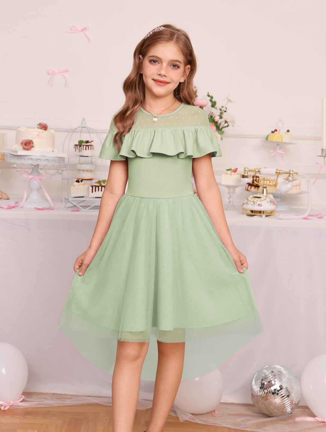 image:imageGRACE KARIN Girls Wedding Party Formal Dress Junior Bridemaid Dresses for Teens Tulle High Low Dress Size 714Sage Green