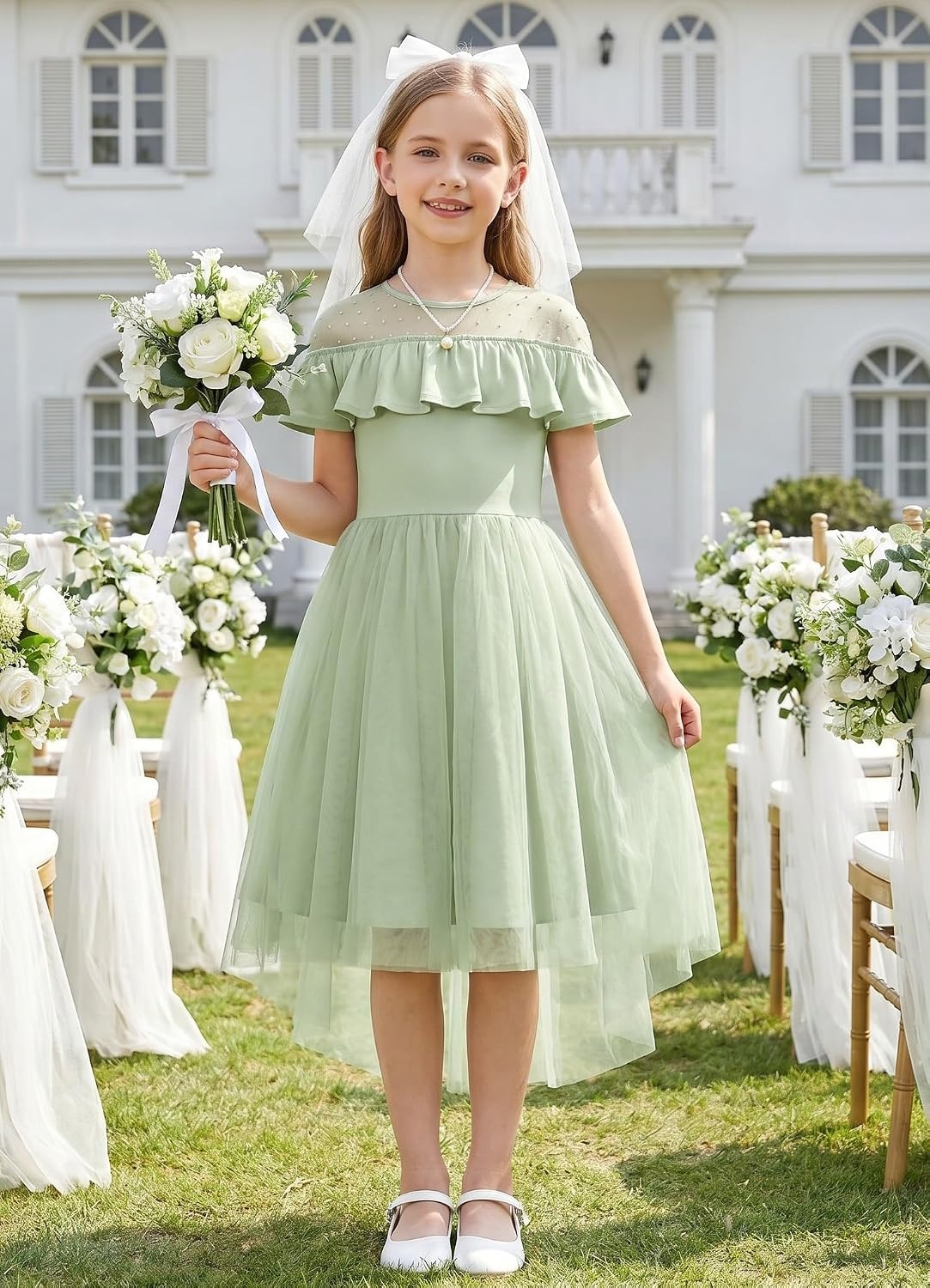 image:imageGRACE KARIN Girls Wedding Party Formal Dress Junior Bridemaid Dresses for Teens Tulle High Low Dress Size 714Sage Green