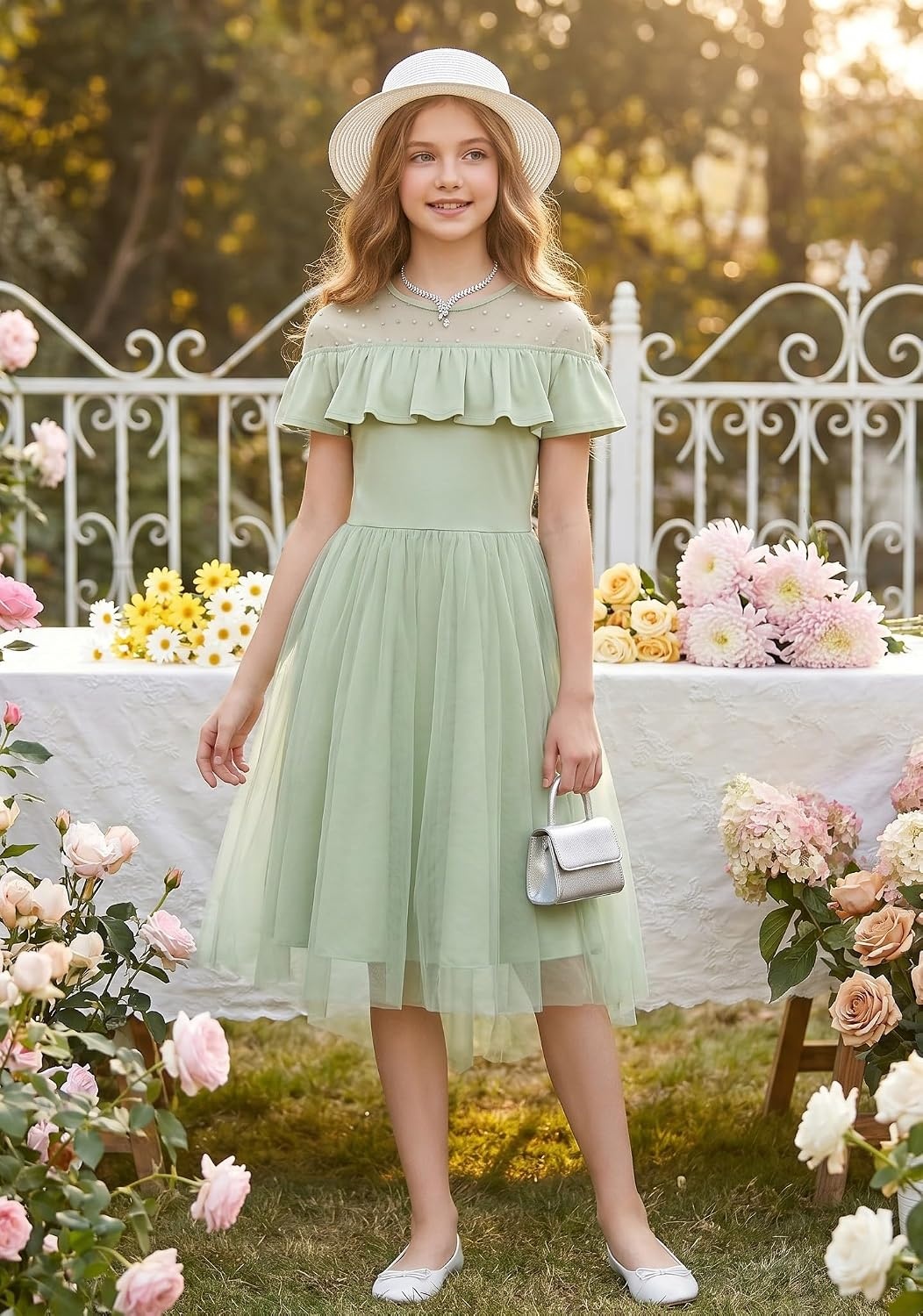image:imageGRACE KARIN Girls Wedding Party Formal Dress Junior Bridemaid Dresses for Teens Tulle High Low Dress Size 714Sage Green
