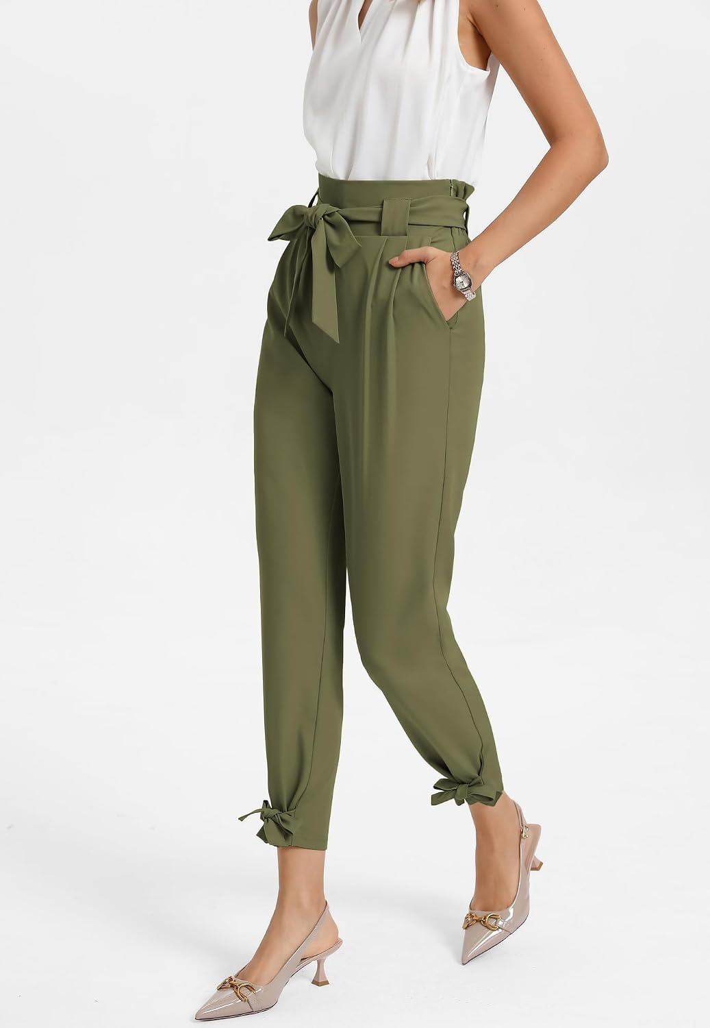 image:imageGRACE KARIN Womens Casual High Waist Pencil Pants Paper Bag Pants for WorkArmy Green