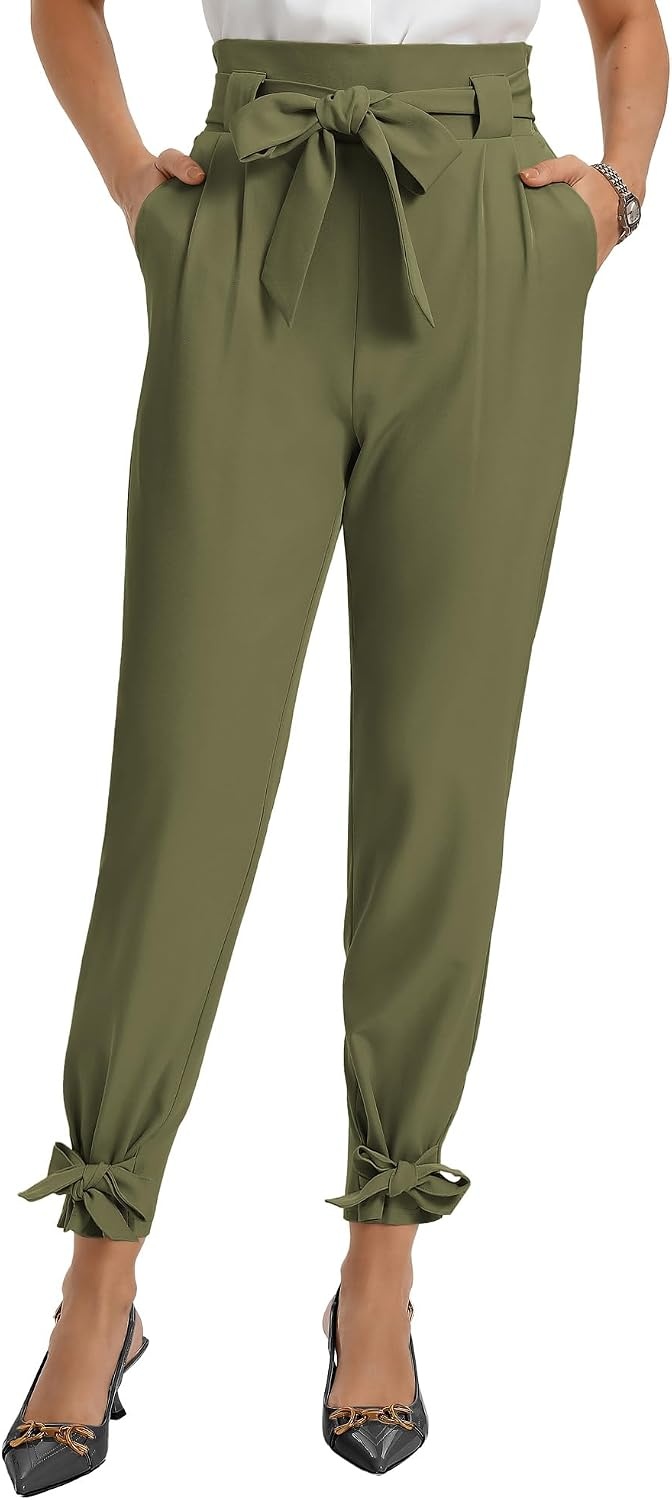 image:imageGRACE KARIN Womens Casual High Waist Pencil Pants Paper Bag Pants for WorkArmy Green
