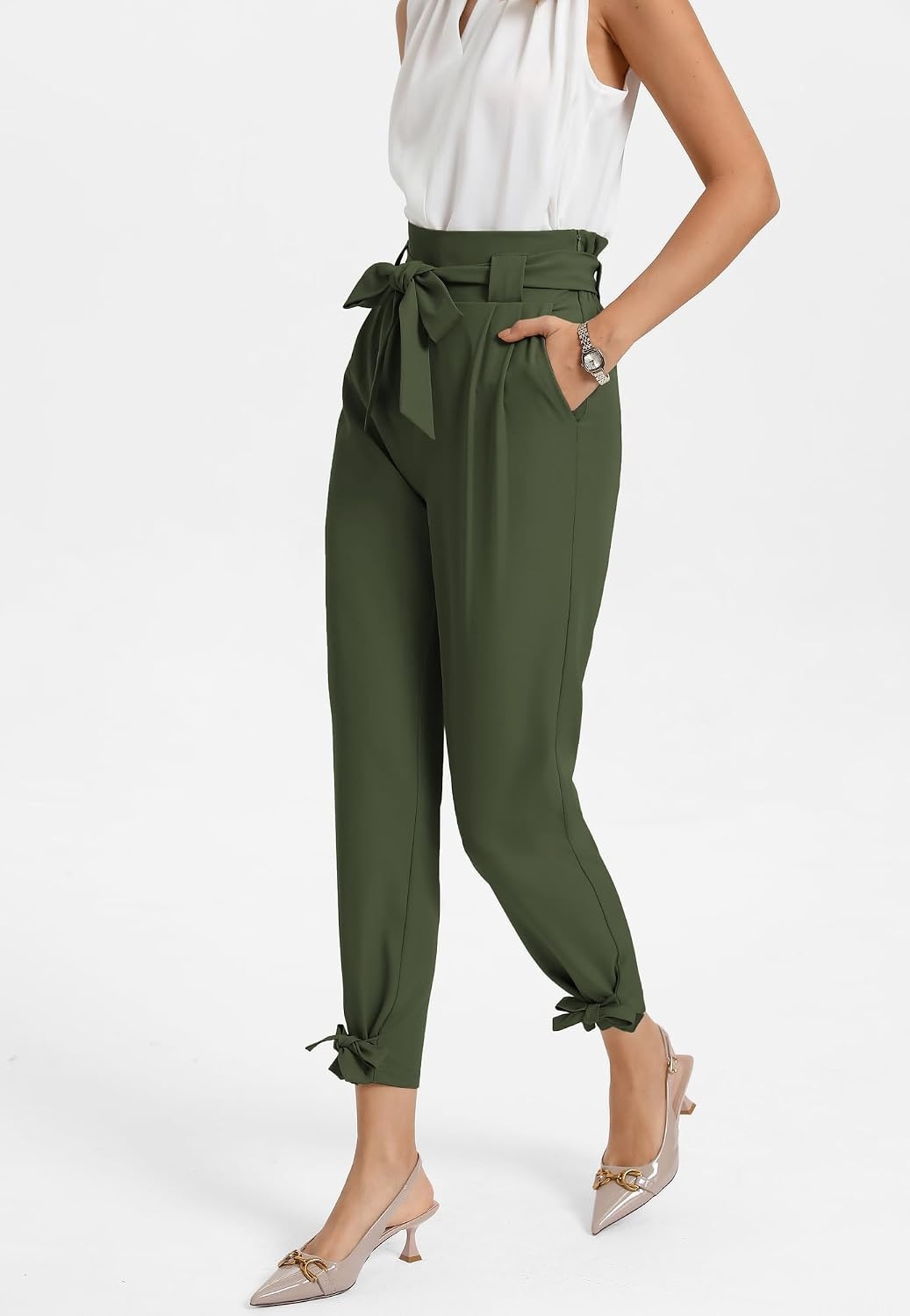 image:imageGRACE KARIN Womens Casual High Waist Pencil Pants Paper Bag Pants for WorkDark Olive Green