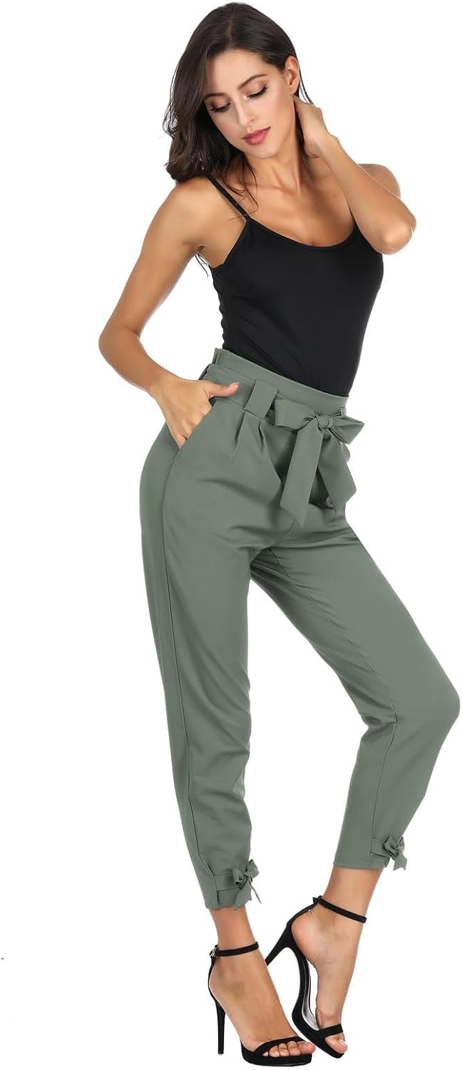 image:imageGRACE KARIN Womens Casual High Waist Pencil Pants Paper Bag Pants for WorkGray Green