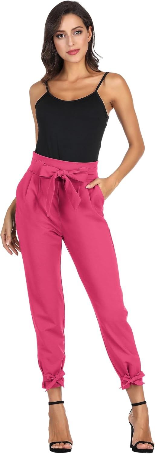 image:imageGRACE KARIN Womens Casual High Waist Pencil Pants Paper Bag Pants for WorkHot Pink
