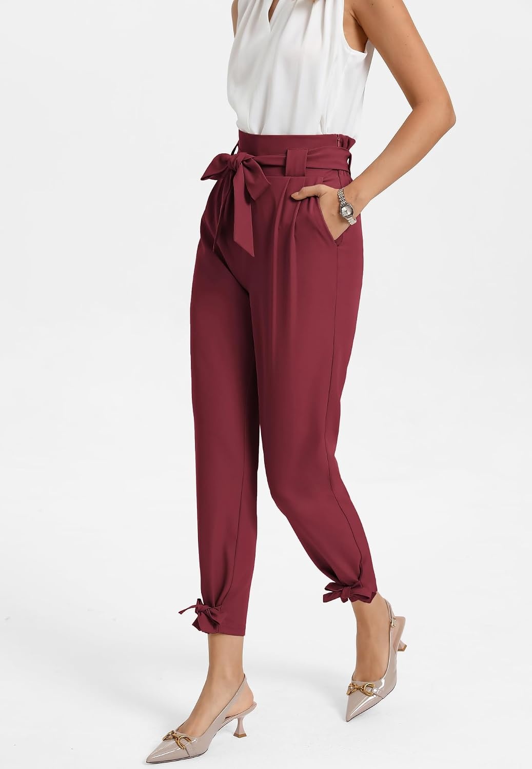image:imageGRACE KARIN Womens Casual High Waist Pencil Pants Paper Bag Pants for WorkWine