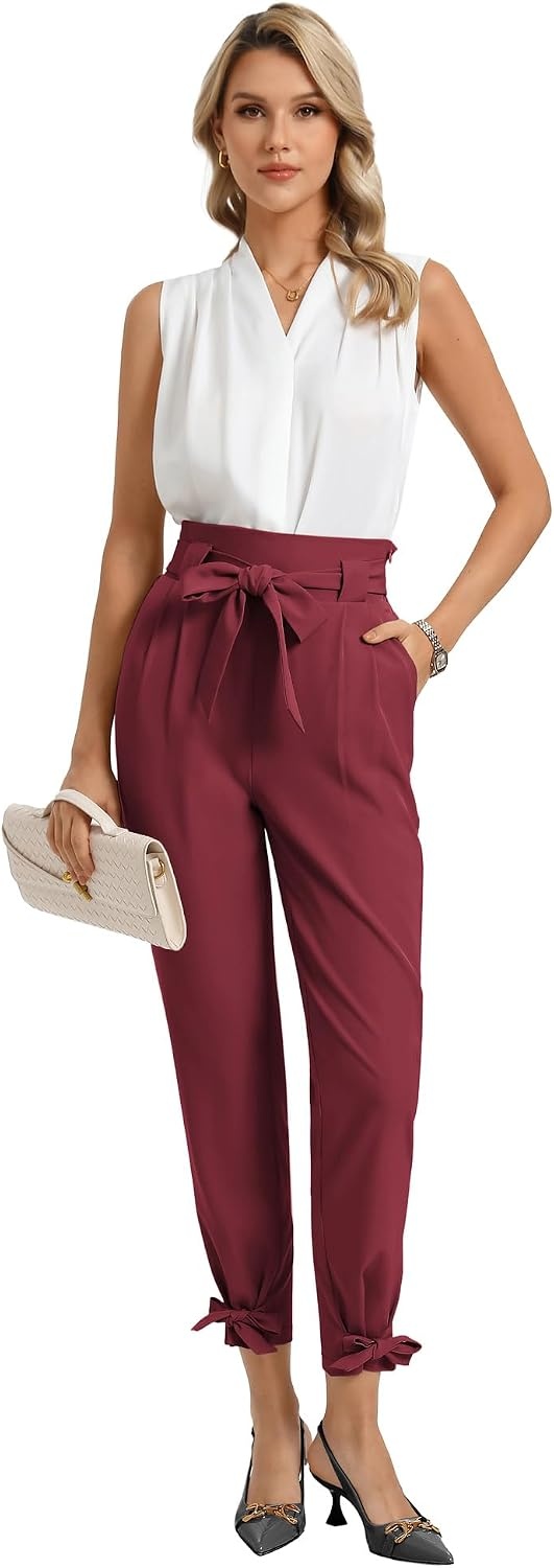 image:imageGRACE KARIN Womens Casual High Waist Pencil Pants Paper Bag Pants for WorkWine