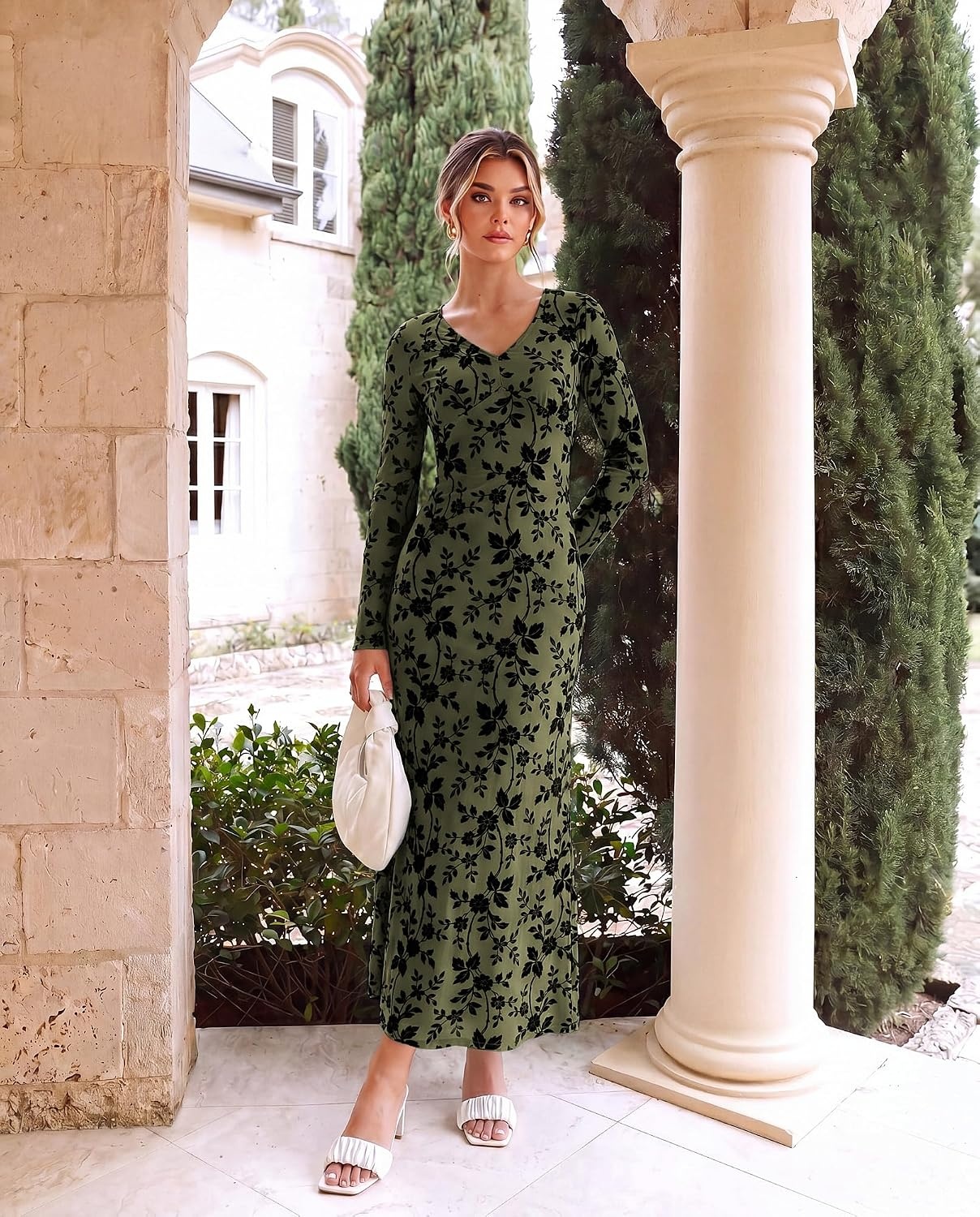 image:imageGRACE KARIN Womens Floral Long Sleeve Maxi Dresses Wedding Guest DressArmy Green