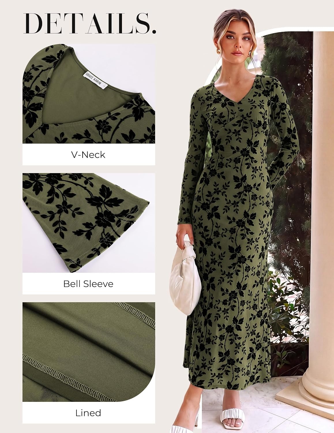 image:imageGRACE KARIN Womens Floral Long Sleeve Maxi Dresses Wedding Guest DressArmy Green