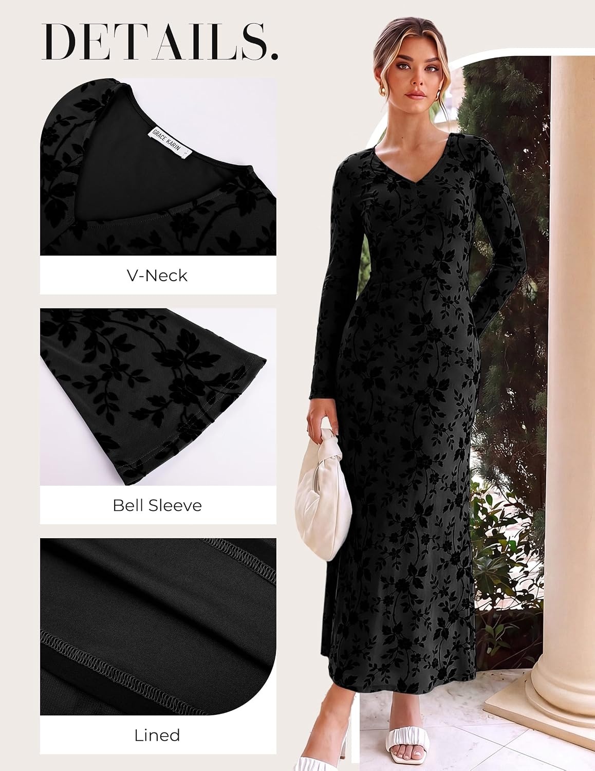 image:imageGRACE KARIN Womens Floral Long Sleeve Maxi Dresses Wedding Guest DressBlack
