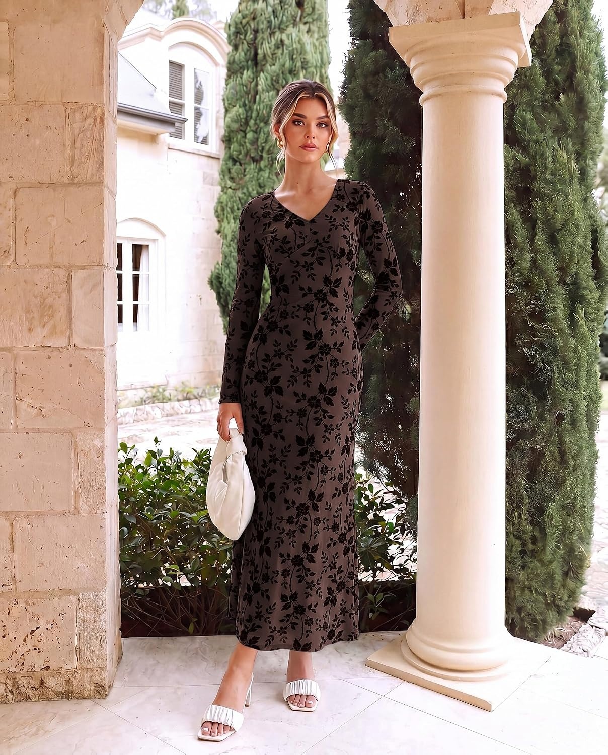 image:imageGRACE KARIN Womens Floral Long Sleeve Maxi Dresses Wedding Guest DressCoffee