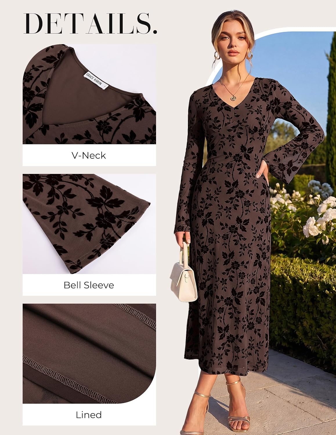 image:imageGRACE KARIN Womens Floral Long Sleeve Maxi Dresses Wedding Guest DressCoffee
