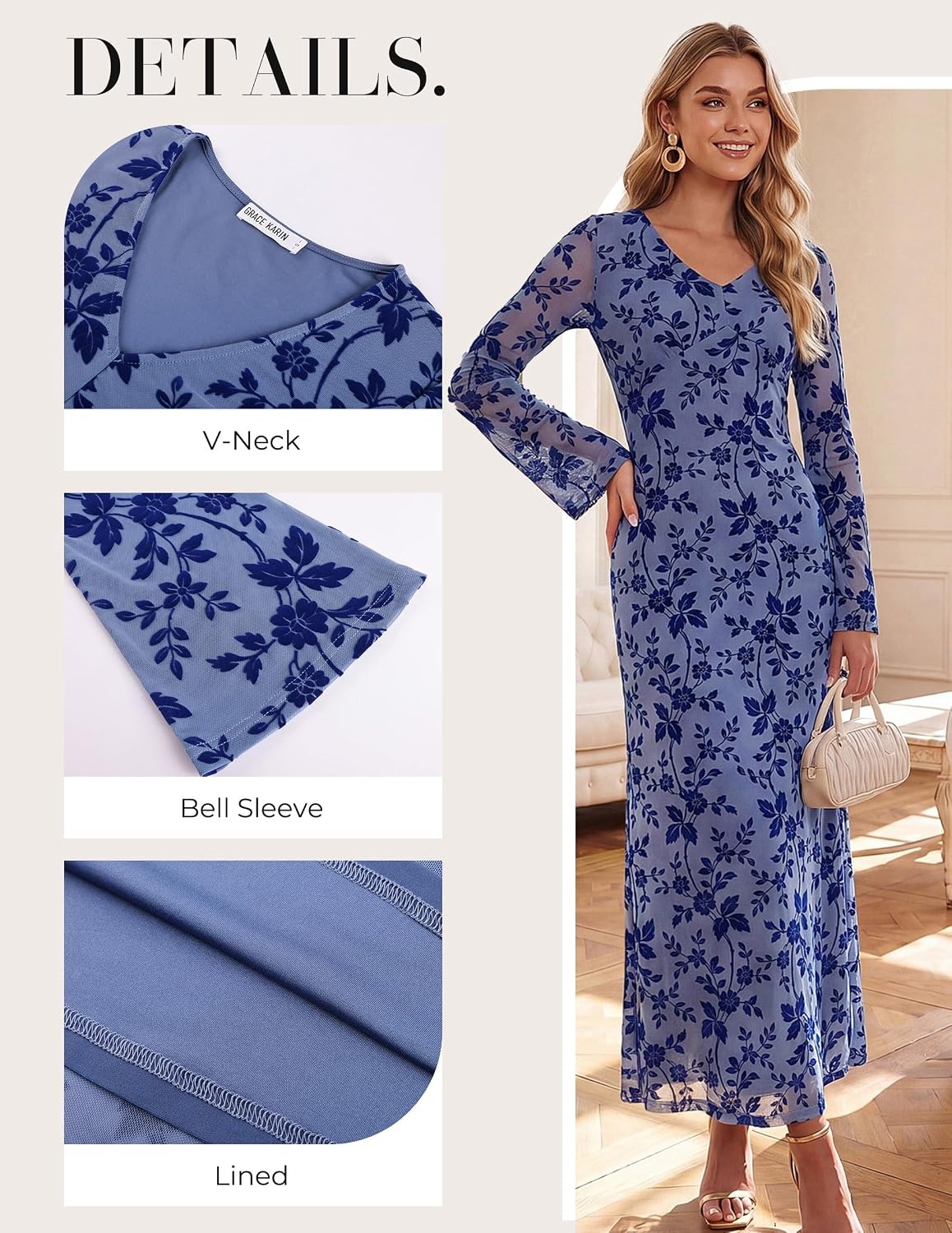 image:imageGRACE KARIN Womens Floral Long Sleeve Maxi Dresses Wedding Guest DressGray Blue