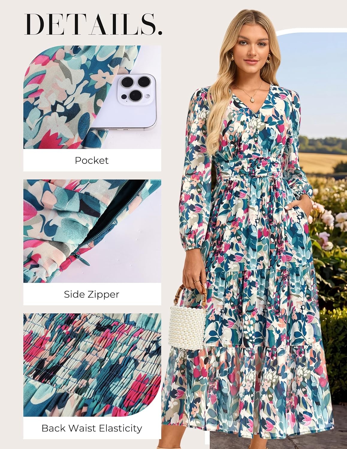 image:imageGRACE KARIN Womens Floral Maxi Dress Long Sleeve Wedding Guest DressesDense Dark Green Flowers