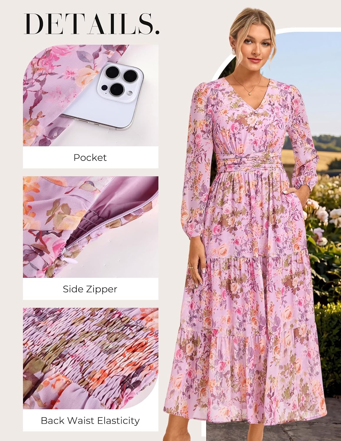 image:imageGRACE KARIN Womens Floral Maxi Dress Long Sleeve Wedding Guest DressesPurple With Delicate Floral