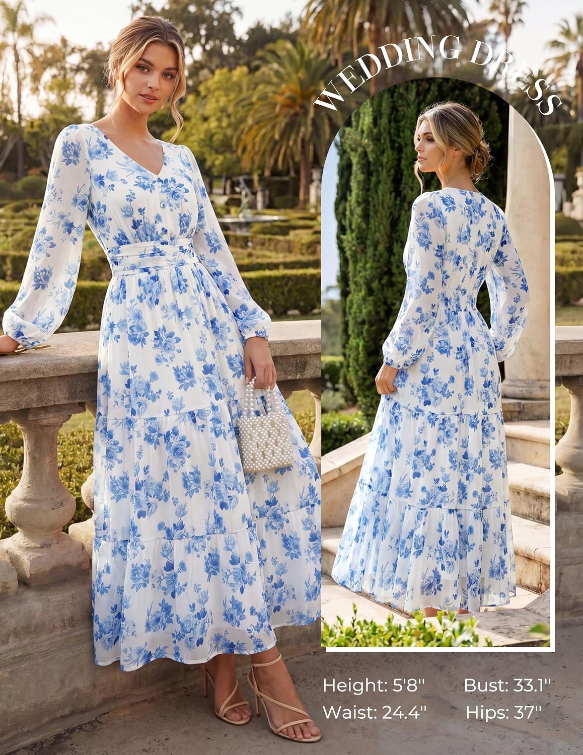image:imageGRACE KARIN Womens Floral Maxi Dress Long Sleeve Wedding Guest DressesWhite With Blue Flowers