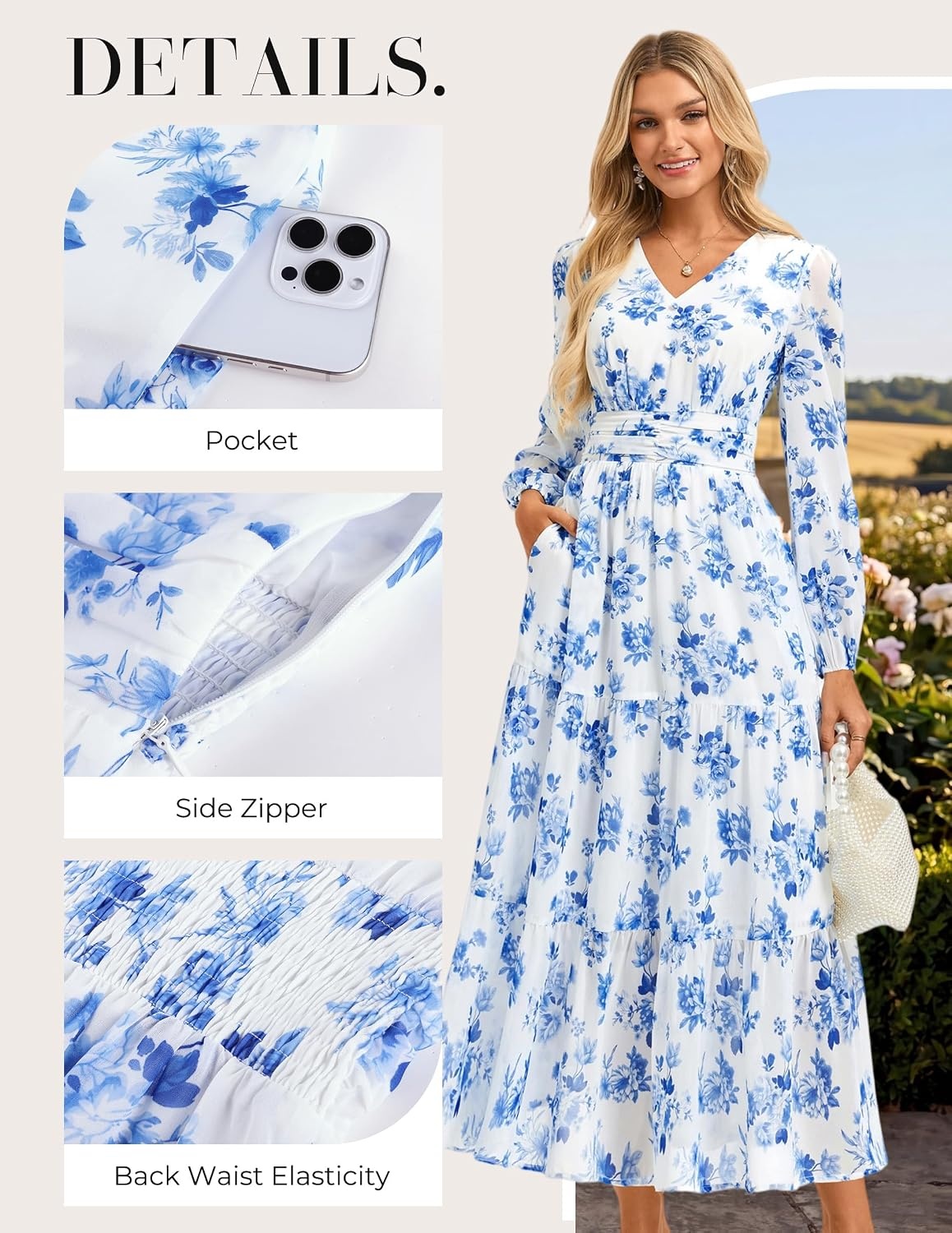 image:imageGRACE KARIN Womens Floral Maxi Dress Long Sleeve Wedding Guest DressesWhite With Blue Flowers