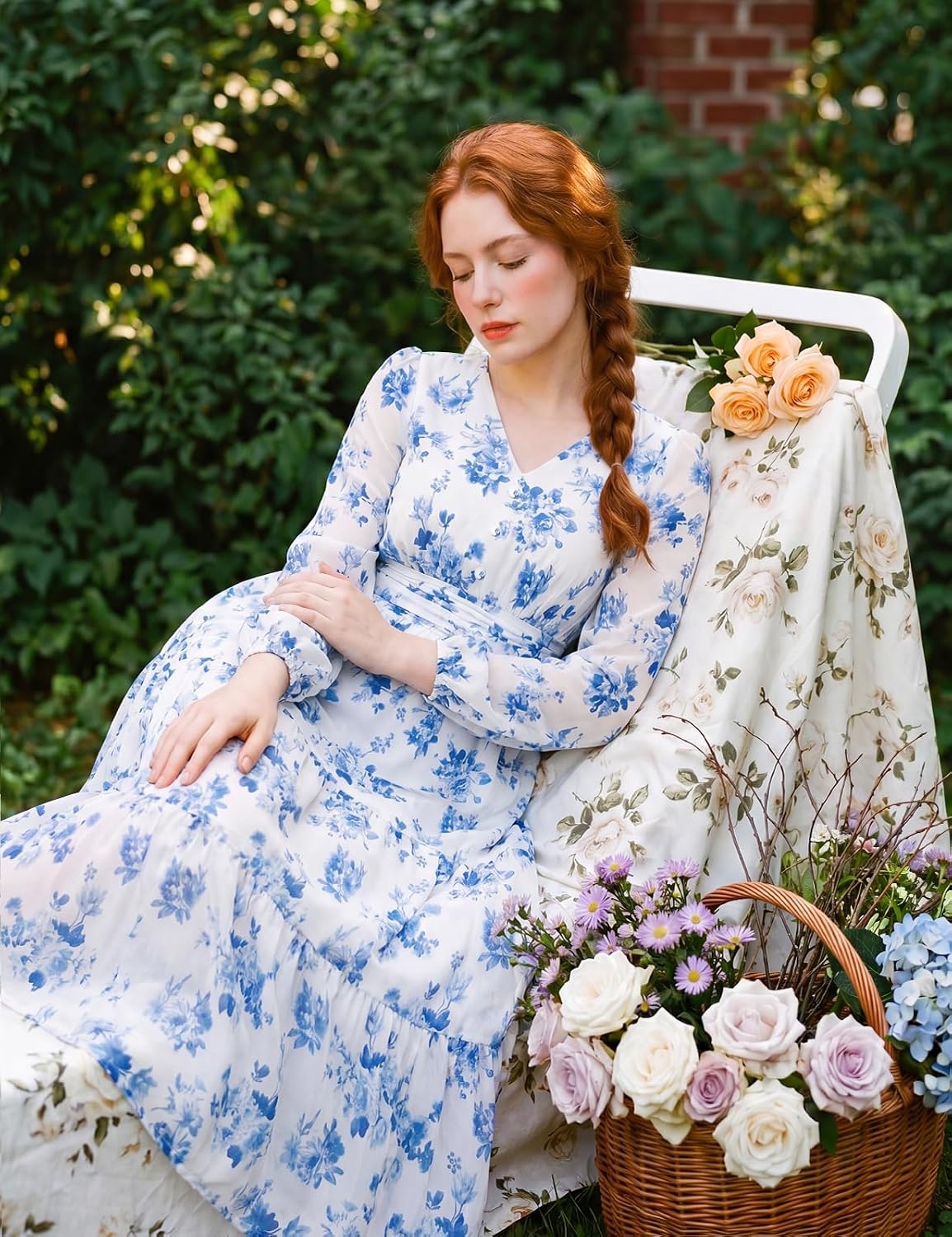 image:imageGRACE KARIN Womens Floral Maxi Dress Long Sleeve Wedding Guest DressesWhite With Blue Flowers