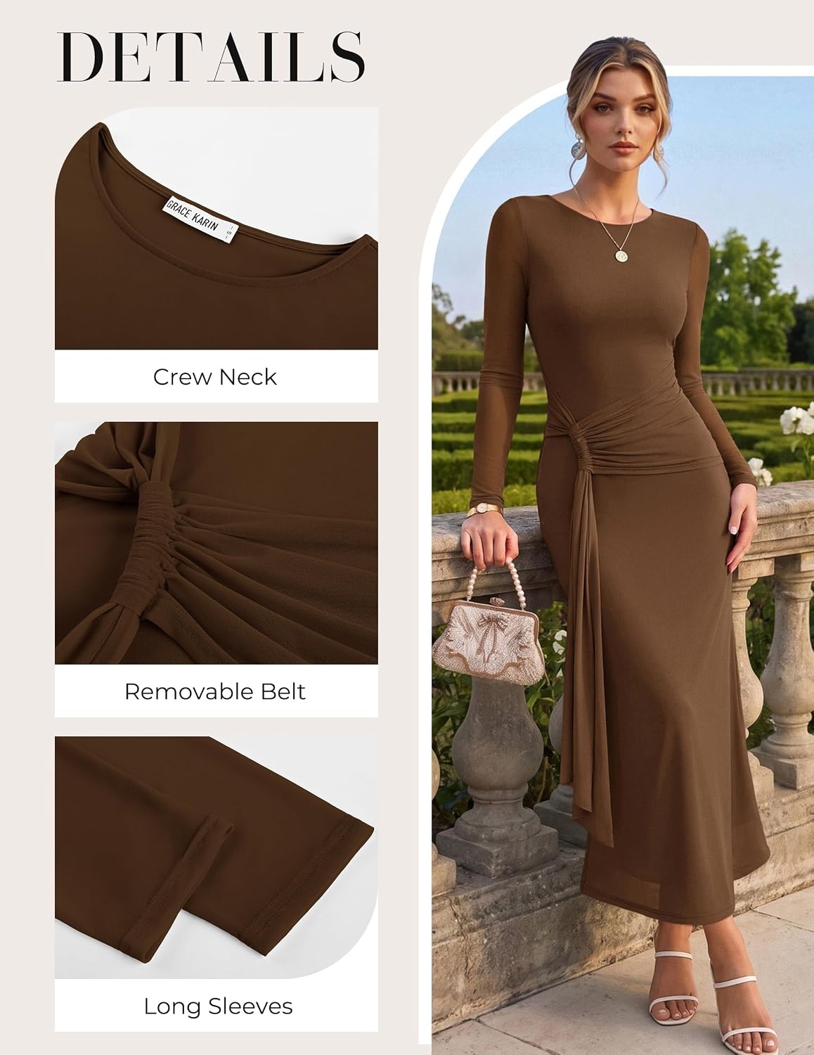 image:imageGRACE KARIN Womens Long Sleeve Bodycon Wedding Guest DressCoffee