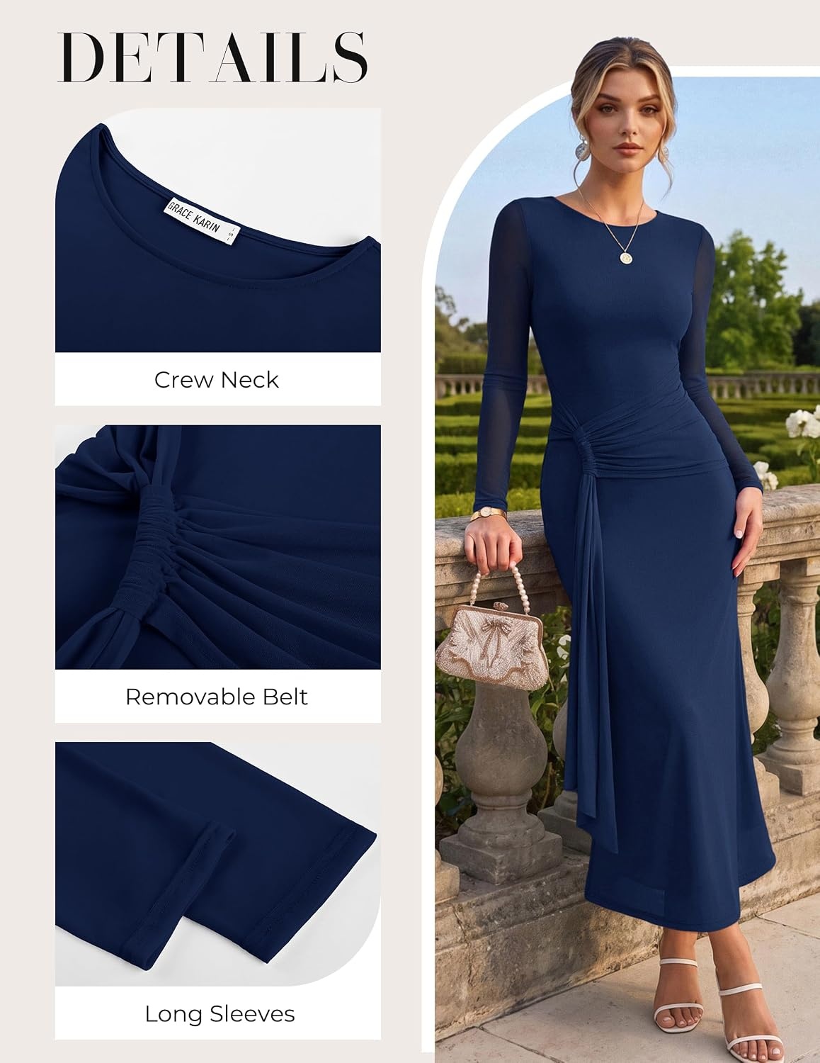 image:imageGRACE KARIN Womens Long Sleeve Bodycon Wedding Guest DressDark Blue