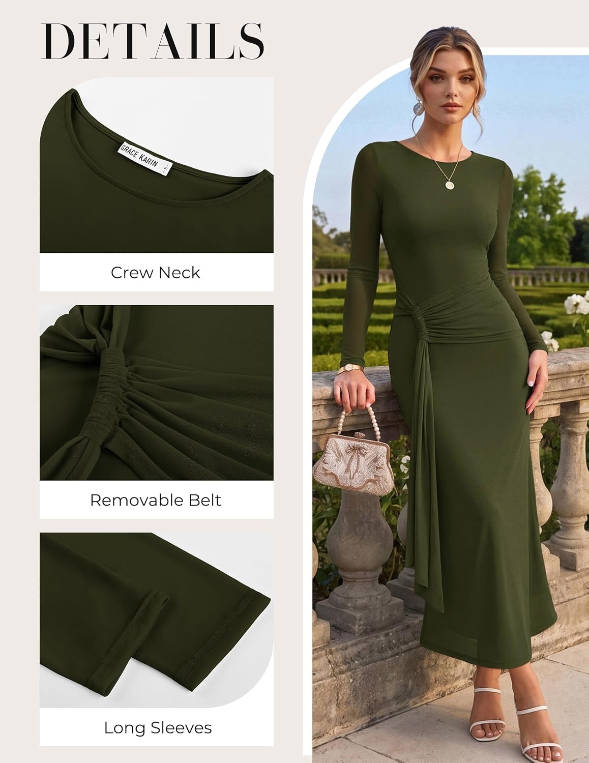 image:imageGRACE KARIN Womens Long Sleeve Bodycon Wedding Guest DressDark Green