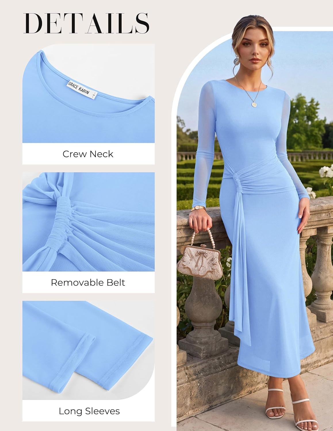 image:imageGRACE KARIN Womens Long Sleeve Bodycon Wedding Guest DressLight Blue