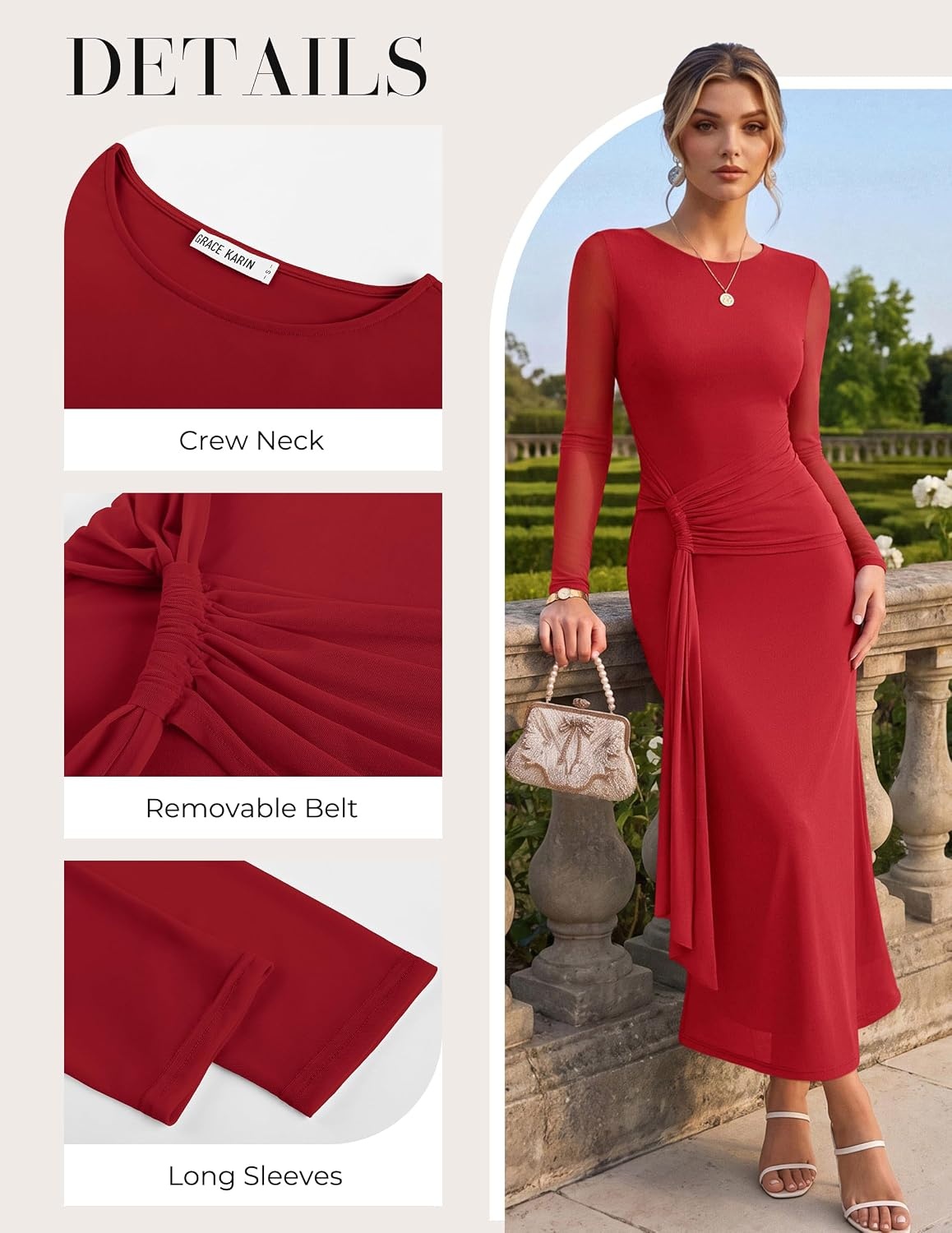 image:imageGRACE KARIN Womens Long Sleeve Bodycon Wedding Guest DressRed