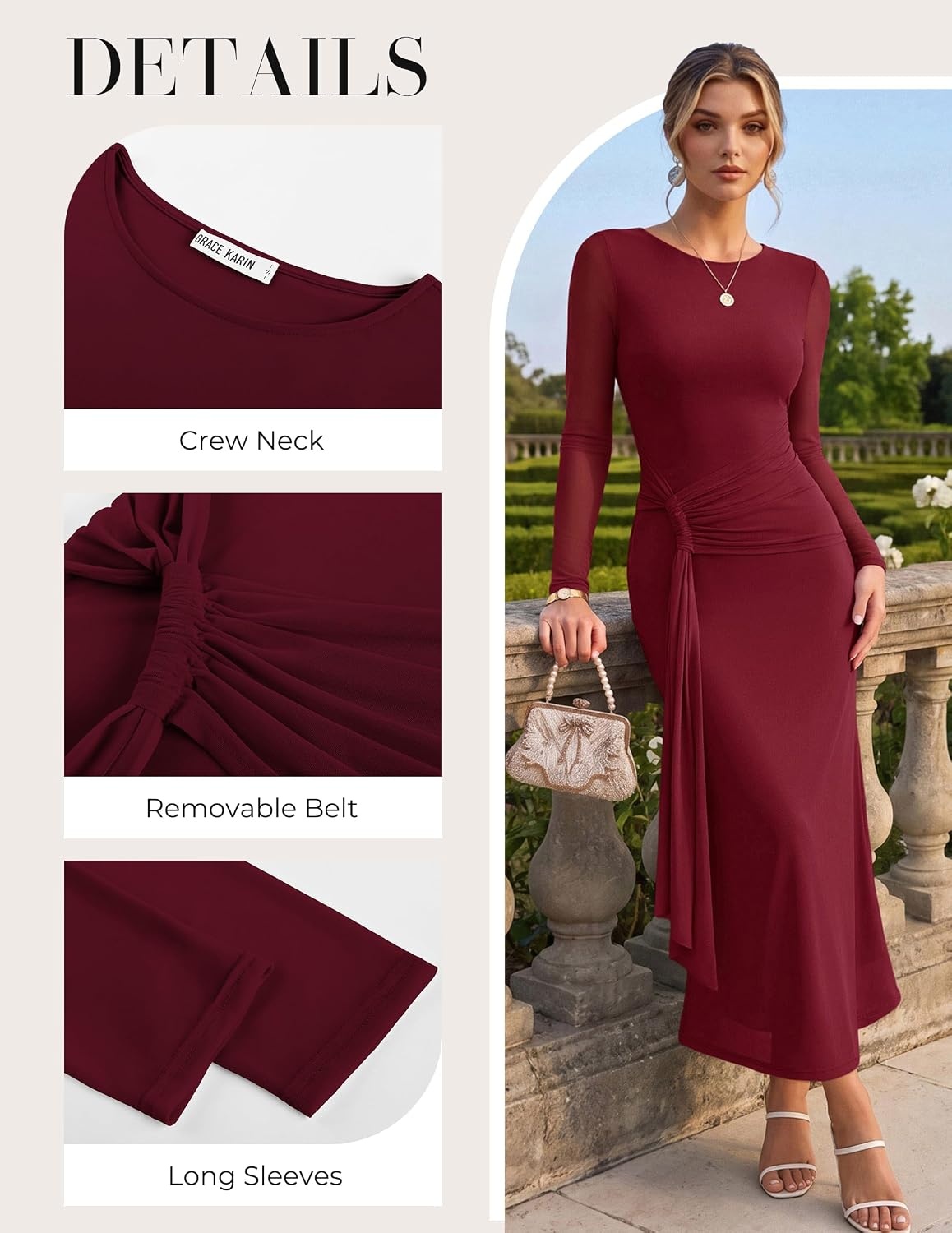 image:imageGRACE KARIN Womens Long Sleeve Bodycon Wedding Guest DressWine
