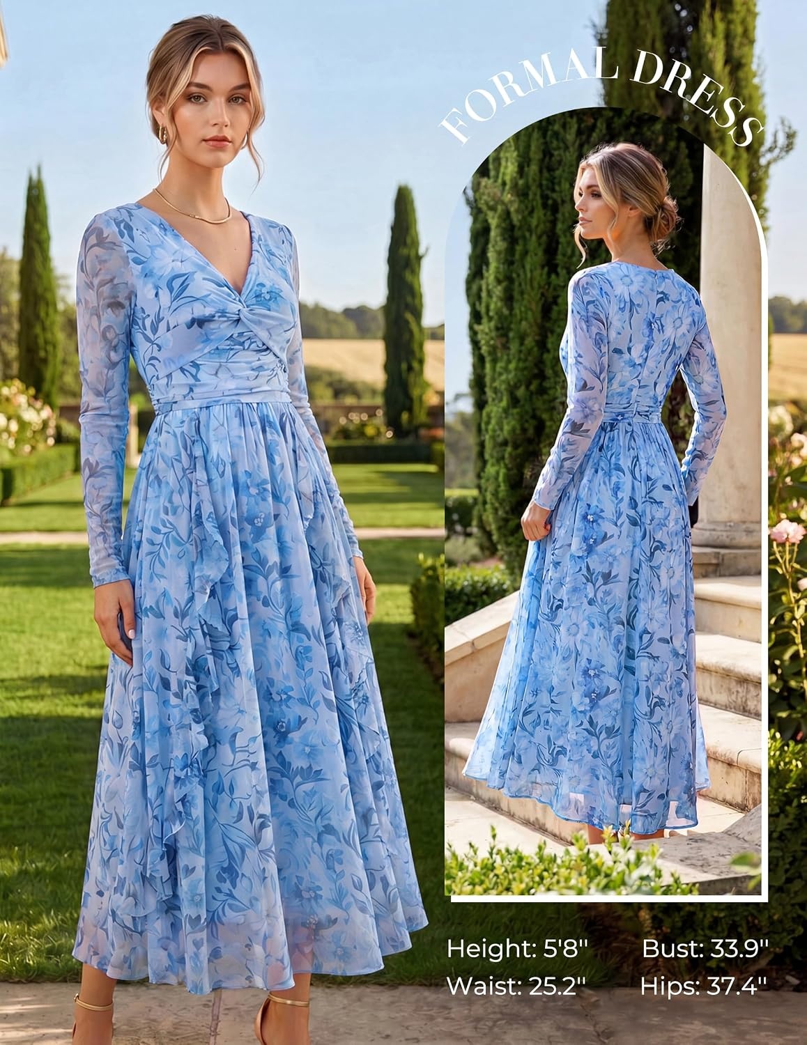 image:imageGRACE KARIN Womens Long Sleeve Floral Maxi Formal Wedding Guest DressBlue Floral