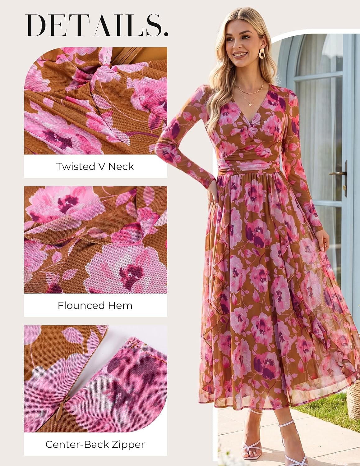 image:imageGRACE KARIN Womens Long Sleeve Floral Maxi Formal Wedding Guest DressBrown Pink