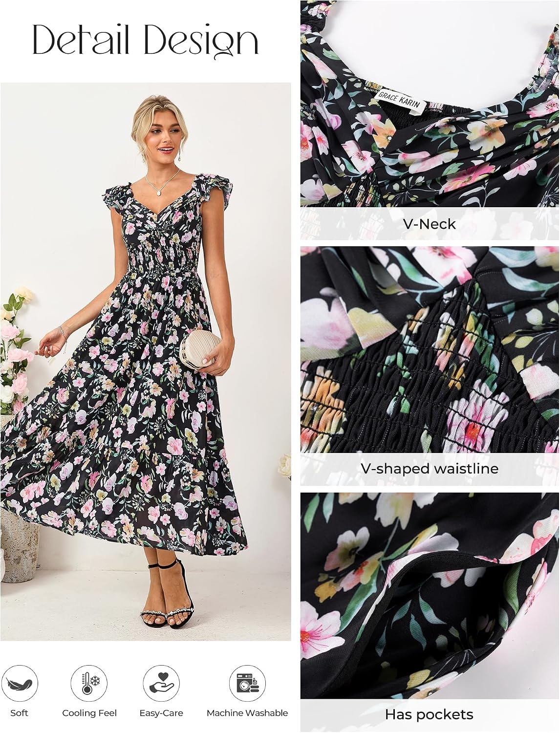 image:imageGRACE KARIN Womens Summer Floral Maxi Wedding Guest DressesBlack Flower