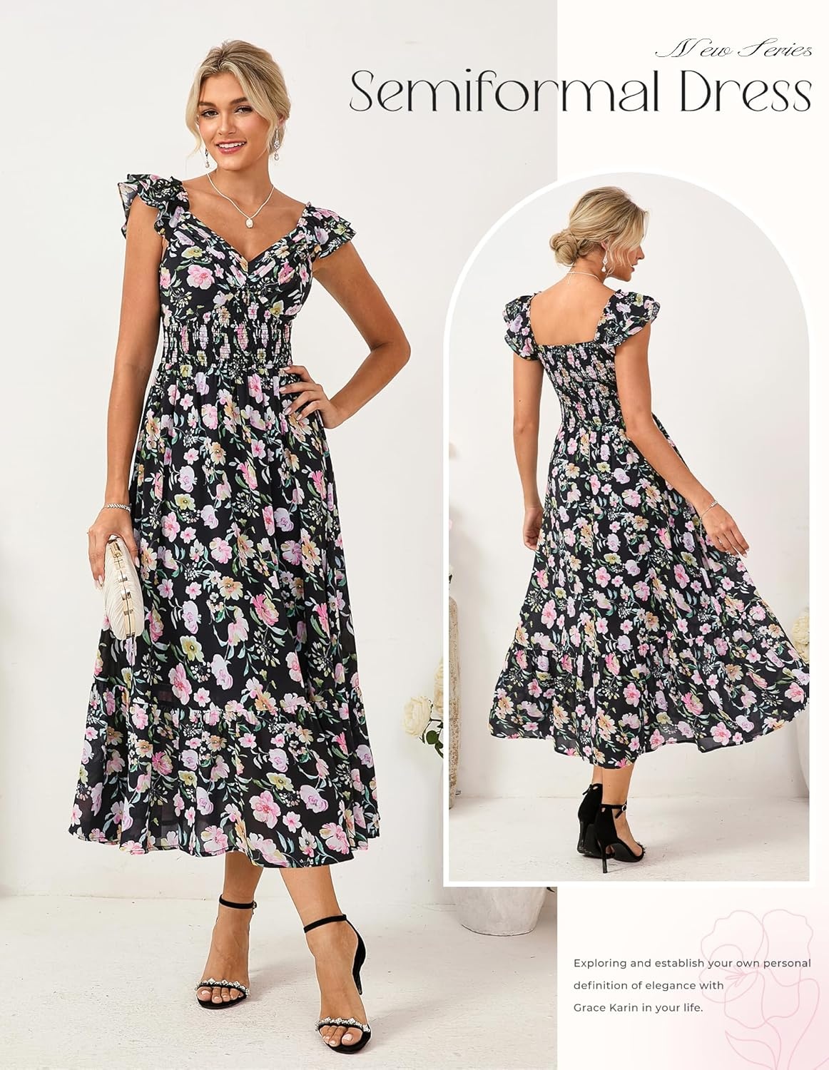 image:imageGRACE KARIN Womens Summer Floral Maxi Wedding Guest DressesBlack Flower