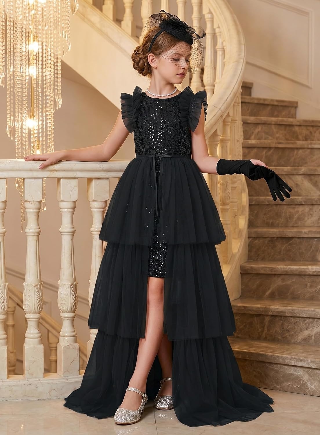 image:imageSparkleFancyyGliterFormalPartyChristmasFather and Daughter DancePromTulleRuffle SleeveDetachable MeshHomecomingBlack
