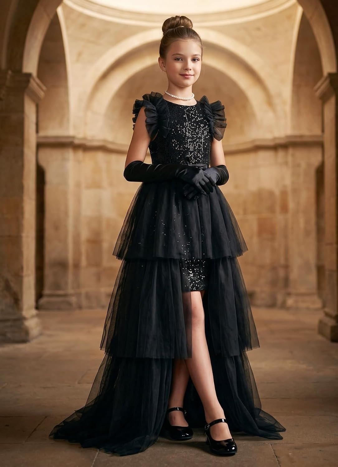 image:imageSparkleFancyyGliterFormalPartyChristmasFather and Daughter DancePromTulleRuffle SleeveDetachable MeshHomecomingBlack