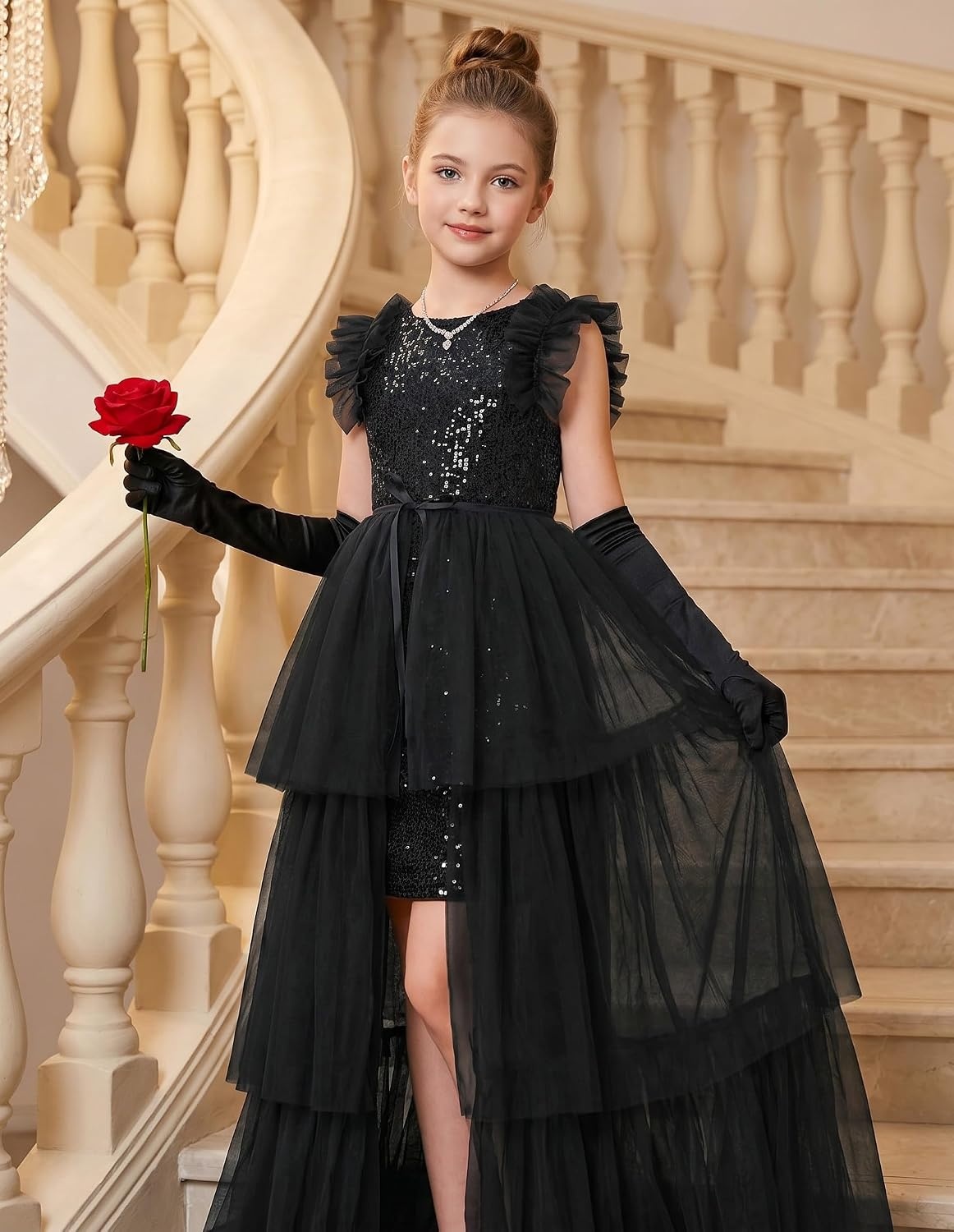 image:imageSparkleFancyyGliterFormalPartyChristmasFather and Daughter DancePromTulleRuffle SleeveDetachable MeshHomecomingBlack