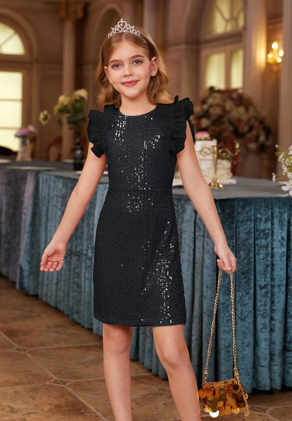 image:imageSparkleFancyyGliterFormalPartyChristmasFather and Daughter DancePromTulleRuffle SleeveDetachable MeshHomecomingBlack