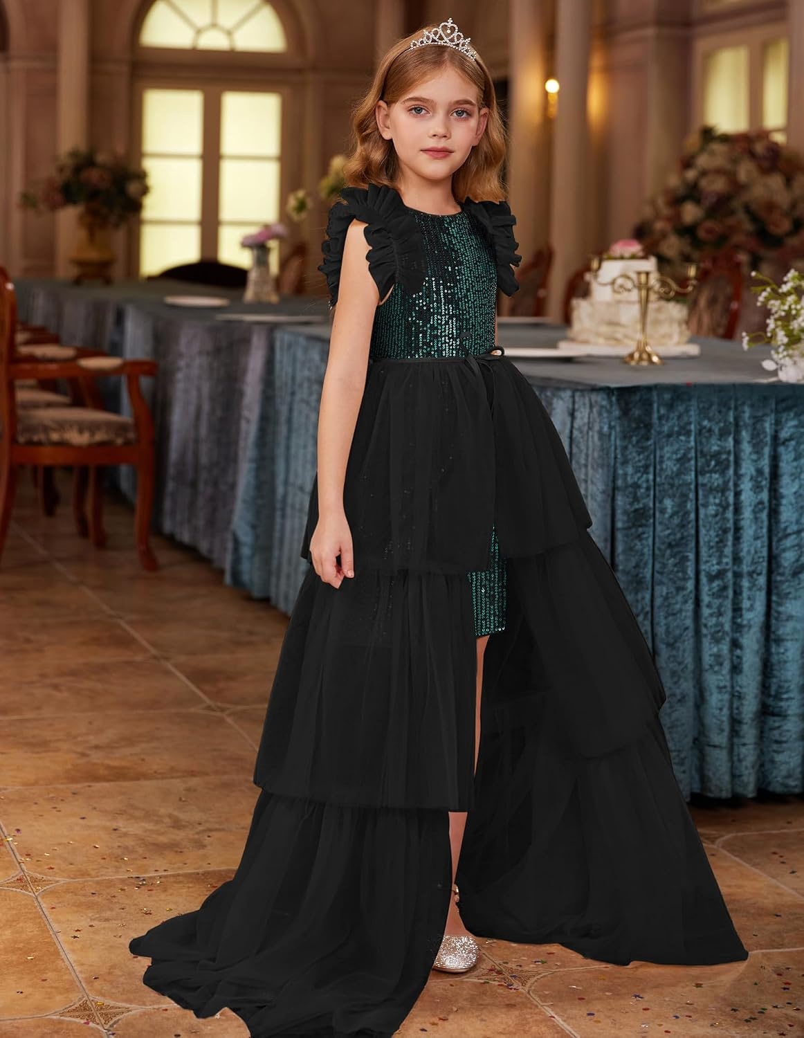 image:imageSparkleFancyyGliterFormalPartyChristmasFather and Daughter DancePromTulleRuffle SleeveDetachable MeshHomecomingBlack Green