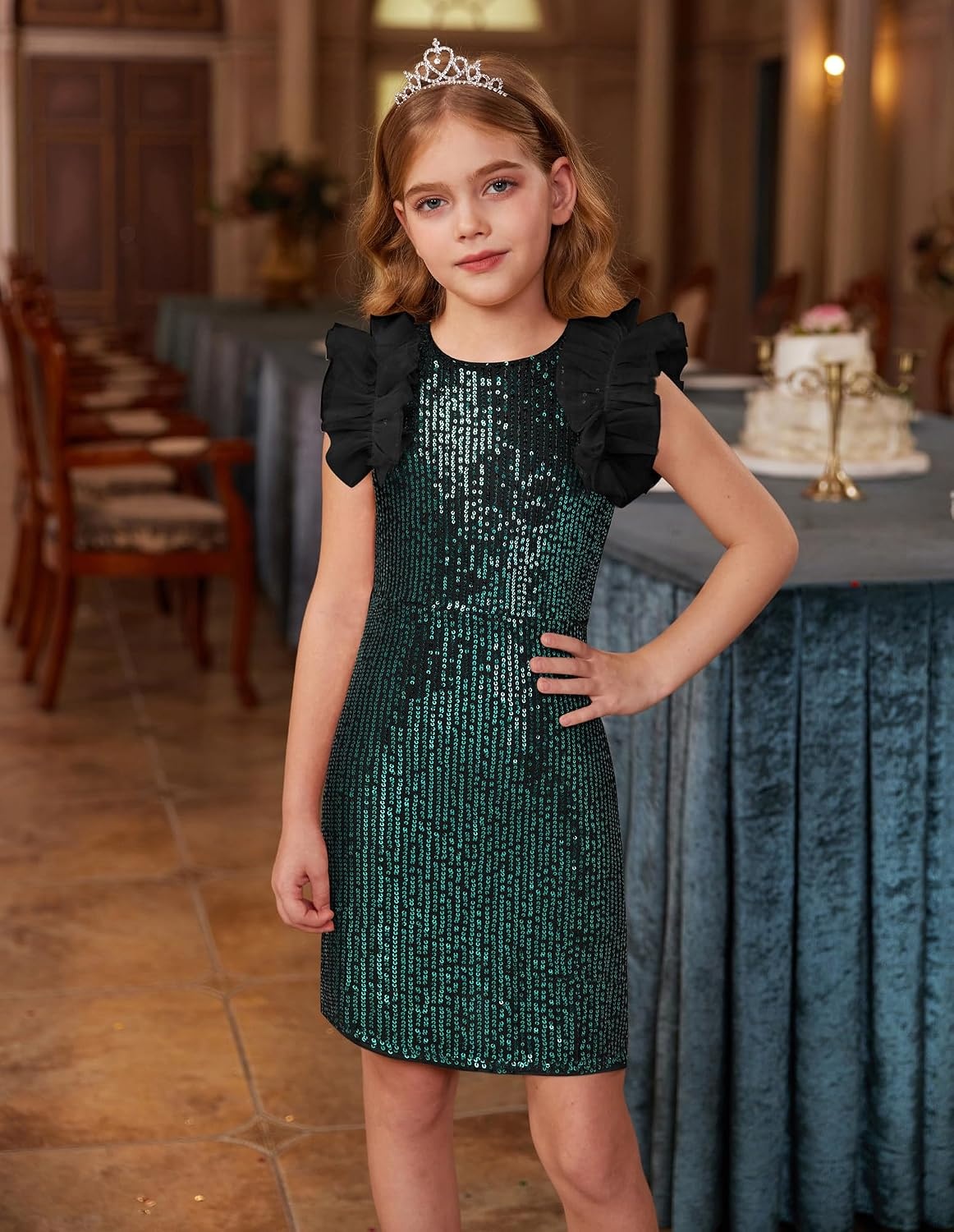 image:imageSparkleFancyyGliterFormalPartyChristmasFather and Daughter DancePromTulleRuffle SleeveDetachable MeshHomecomingBlack Green
