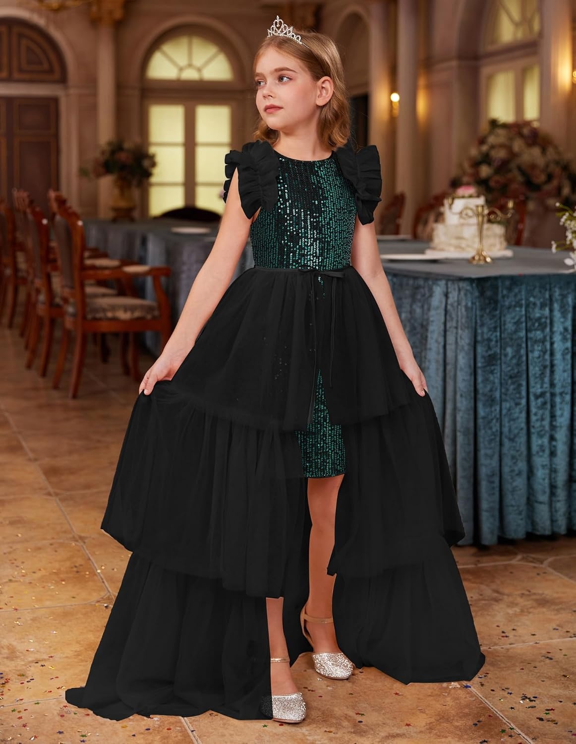 image:imageSparkleFancyyGliterFormalPartyChristmasFather and Daughter DancePromTulleRuffle SleeveDetachable MeshHomecomingBlack Green