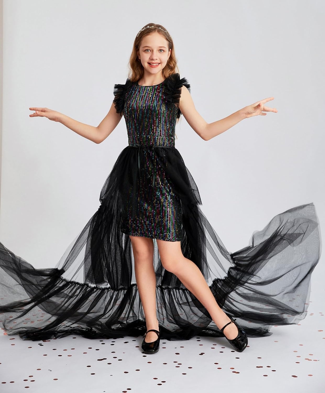 image:imageSparkleFancyyGliterFormalPartyChristmasFather and Daughter DancePromTulleRuffle SleeveDetachable MeshHomecomingBlack Multicolor
