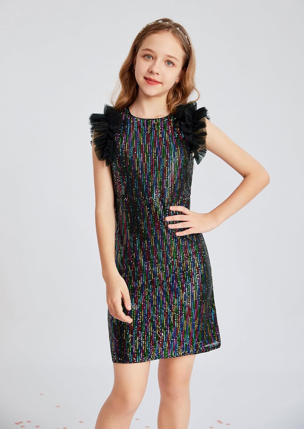 image:imageSparkleFancyyGliterFormalPartyChristmasFather and Daughter DancePromTulleRuffle SleeveDetachable MeshHomecomingBlack Multicolor